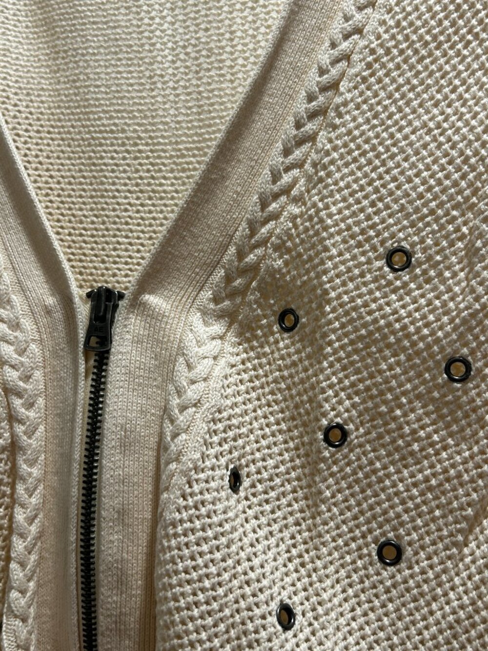 White Three Quarter Sleeve Zip Sweater with Grommets - Picture 4 of 6